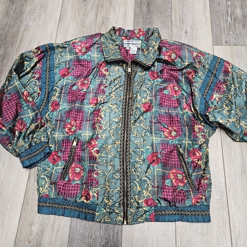 Westbound Sport Vintage Floral Plaid Windbreaker Track Jacket Women's Large